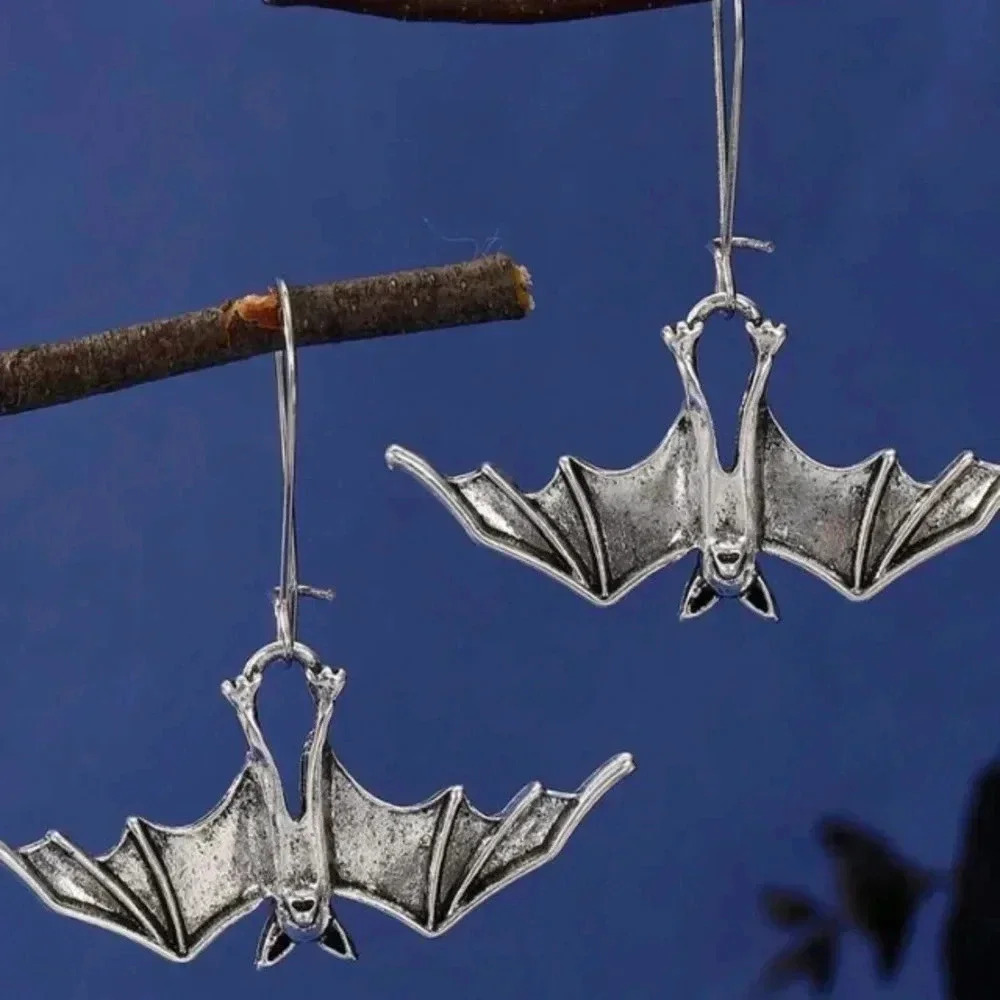 Halloween cute vintage gothic silver colored hanging bat dangle drop earrings